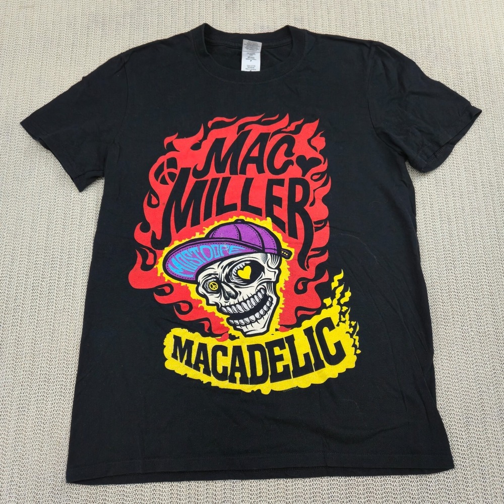 Mac Miller Shirt Mens Small Black Macadelic Concert Tour Dates Flaming Skull
